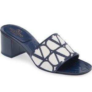NEW Valentino Garavani VLOGO Toile Slide Sandal 7US/37EU White/Blue Box Dust Bag